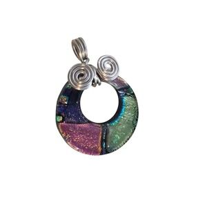 Handmade Dichroic Glass Circle Pendant Necklace Wire Wrapped Galaxy Purple‎